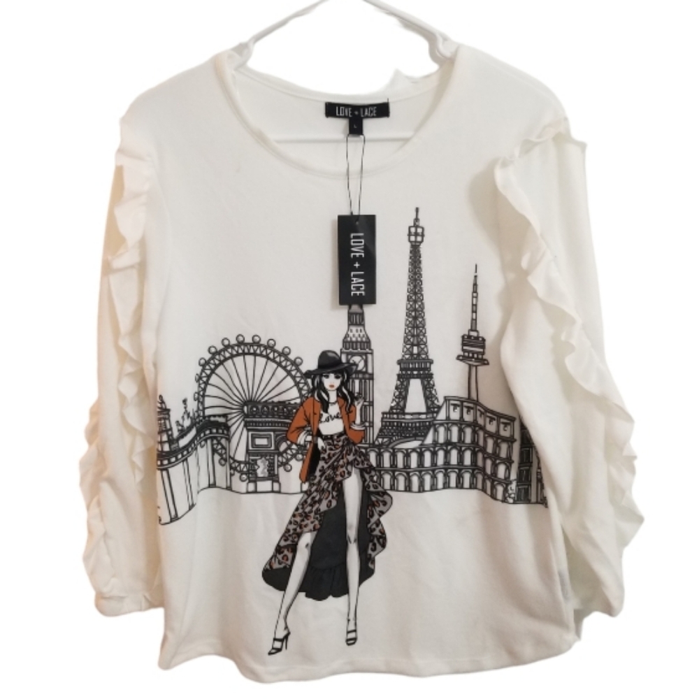 Love + Lace Paris Themed Graphic Sweater with Ruffle Sleeves Women's Size LG